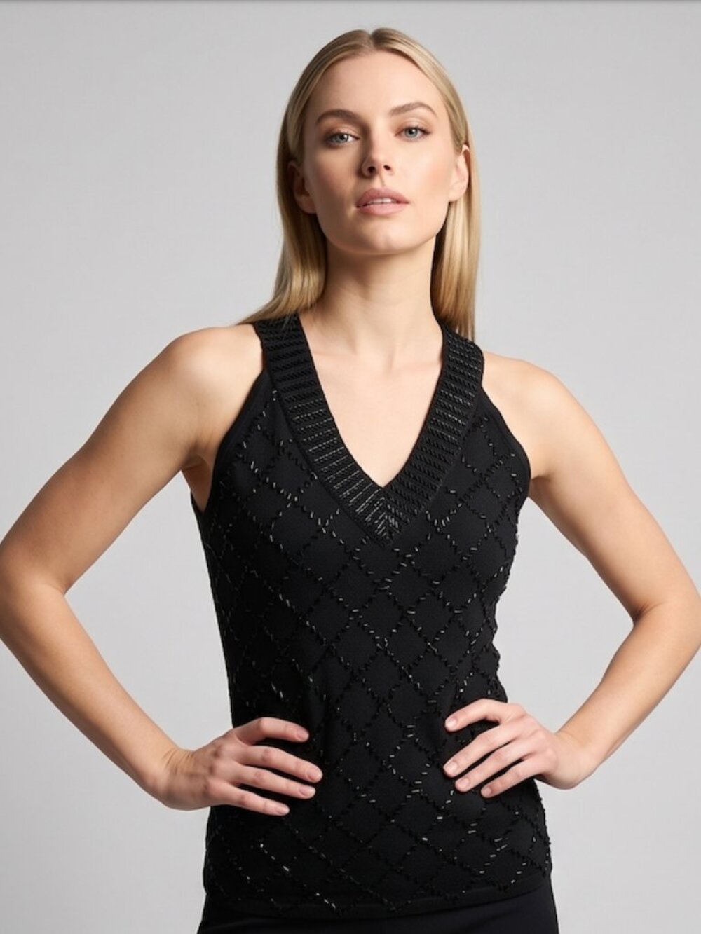 Black Beaded Diamond Lattice Sleeveless V-Neck Knit Tank Top